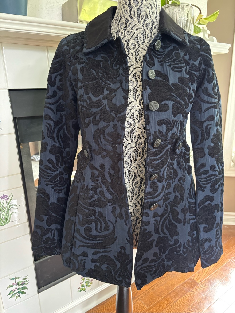 Free People Navy and Black Patterned Tailored Jacket